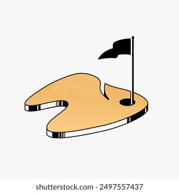 Flag on a tooth shaped land. Golden apple 3d golf course. Dentistry icon 3d with a golf theme. can be used by clubs as their logo or as graphic element. 