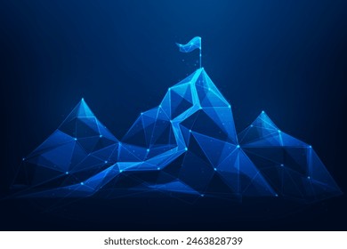 a flag on top mountain, business goals achievement and ambition. route to success.  leadership and motivation. vector illustration fantastic low poly wireframe.