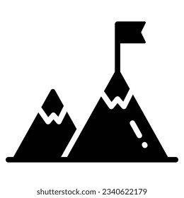 Bandera en la cima de la montaña, concepto icono de misión en estilo moderno