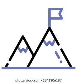 Bandera en la cima de la montaña, concepto icono de misión en estilo moderno