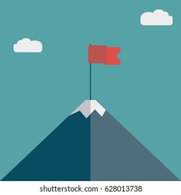 Flag on top mountain. Concept of business success. Goal achievement. Vector.
