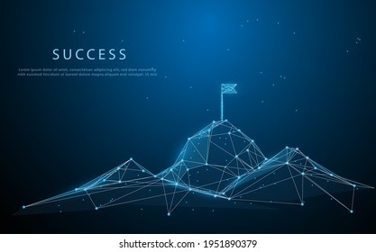 Flag on the top of Mountain form lines, triangles and particle style design. Illustration vector. Mountain climbing route to peak. Business journey path in progress to success vector concept.