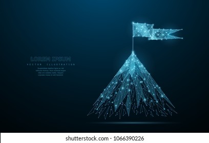 Flag on the top of mountain. Low poly wireframe mesh looks like constellation on blue night sky with dots and stars. Crumbled edge. Success in business, top or goal symbol, illustration or background