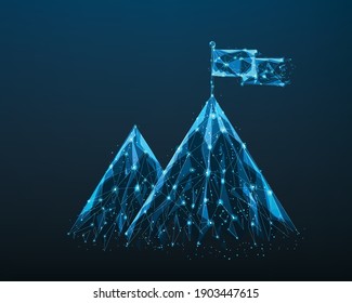 Flag on top mountain low poly wireframe. business goal to success. vector illustration in flat style modern design. isolated on dark blue background.