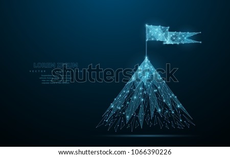 Flag on the top of mountain. Low poly wireframe mesh looks like constellation on blue night sky with dots and stars. Crumbled edge. Success in business, top or goal symbol, illustration or background