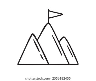 Flag on top of mountain, mission concept doodle hand drawn icon. Outline drawing flag on top of mountain line clipart symbol. Vector illustration