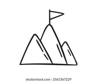Flag on top of mountain, mission concept doodle hand drawn icon. Outline drawing flag on top of mountain line clipart symbol. Vector illustration