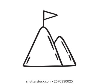 Flag on top of mountain, mission concept doodle hand drawn icon. Outline drawing flag on top of mountain line clipart symbol. Vector illustration