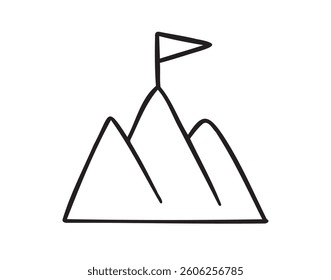 Flag on top of mountain, mission concept doodle hand drawn icon. Outline drawing flag on top of mountain line clipart symbol. Vector illustration