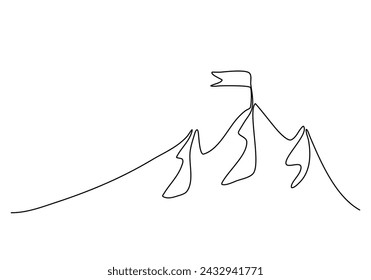 Flag on the top of the mountain, one line drawing vector illustration.