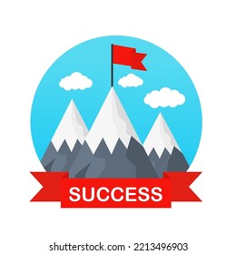 A flag on top of a mountain with a red ribbon success. Business concept, mountains, goal achievement, success, victory way to goal. Flat style. Vector illustration
