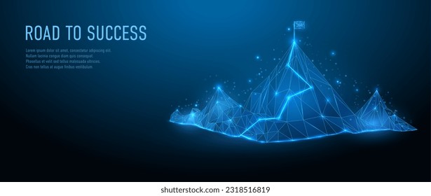 Flag on the top of Mountain. Road to success low poly on blue dark background. Digital vector wireframe mountain. Victory motivation technology. Vector illustration EPS10