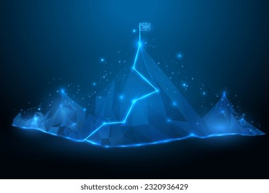 Flag on the top of Mountain. Road to success low poly on blue dark background. Digital vector wireframe mountain. Victory motivation technology. Vector illustration EPS10