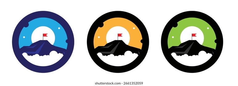 Bandera en la parte superior del emblema redondo de la montaña Diferentes Colores. Logros en el Arte vectorial deportivo y empresarial