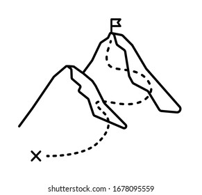 Flagge auf dem Gipfel eines Berges. Weg- und Zielsymbol. Lineare Schwarze Vektorillustration einzeln auf weißem Hintergrund