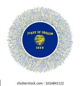 Flag of Oregon with colorful rays. Radiant US state sign. Shiny sunburst with Oregon flag. Classy vector illustration.