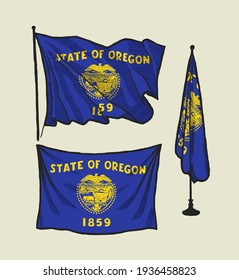 Flag of Oregon on the wind and on the wall hand drawn illustration set.
