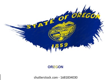 Flag of Oregon state in grunge style with waving effect, vector grunge brush stroke flag.