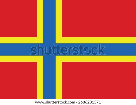 Flag of Orkney, adopted in 2007, with red, yellow and blue Nordic cross. Represents Orkney Islands, Scottish heritage, and regional identity.