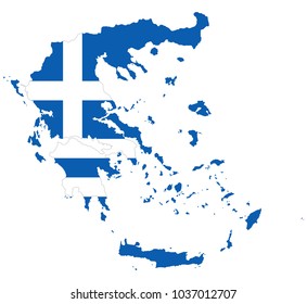 Bandera en el contorno de Grecia. Bandera de la República Helénica en colores azul y blanco con cruz blanca. Cartel con la forma de Hellas. Aislado. Ilustración sobre fondo blanco. Vector.