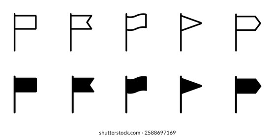 Flag outline icon set. Flag pole vector signs. Waving flags icon collection