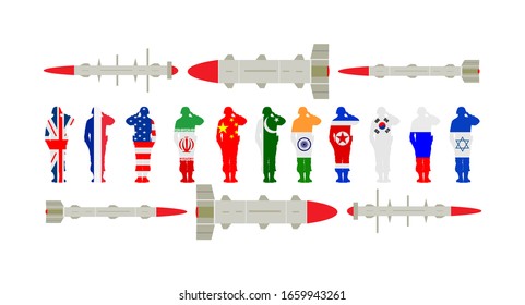Flag over saluting army soldier vector. Rocket missile, countries with nuclear projectile forces. Artillery rocket launcher. Bomb test air attack. Powerful weapon war threat destruction and aggression