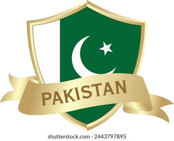 Flag of Pakistan as around the metal gold shield with Pakistan flag