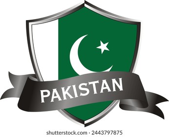 Flag of Pakistan as around the metal silver shield with Pakistan flag