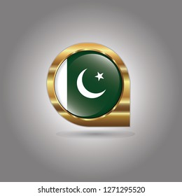 Flag of Pakistan, button with the reflection of light and shadow, gold frame, Icon country. Realistic vector illustration on gray background.