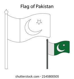 Flag of Pakistan. Color the flag according to the given example. Vector illustration. Coloring book . The fabric canvas is decorated with a stripe, a crescent and a star. The national symbol 