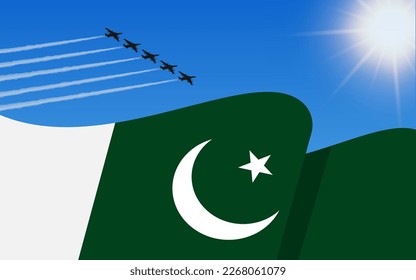 Flag of Pakistan and a fighter plane formation flying in the sky. 14th August Independence day Pakistan. Military aviation in the blue sky. Vector illustration