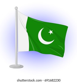 Flag of Pakistan flapping on the wind. Icon for your design isolated on blue background in cartoon style for Independence Day. Vector illustration. Holiday Collection.