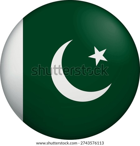 Flag of Pakistan. Glossy circular flag. Button appearance. 3D Icon Design with depth. Professional, tactile look. Perfect for representing national identity in digital interfaces and perfect for websites