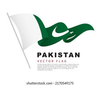 The flag of Pakistan hangs on a flagpole and flutters in the wind. Vector illustration isolated on white background. Colorful Pakistani flag logo.