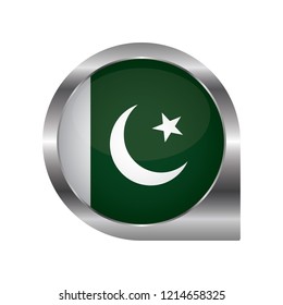 Flag of Pakistan, location map pin, pointer flag, button with the reflection of light and shadow, silver frame, Icon country. Realistic vector illustration on white background.