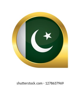 Flag of Pakistan, location map pin, pointer flag, button with the reflection of light and shadow, gold frame, Icon country. Realistic vector illustration on white background.