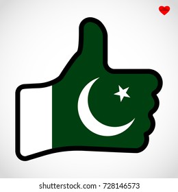 Flag of Pakistan in the shape of Hand with thumb up, gesture of approval,  vector finger sign, flat design illustration.