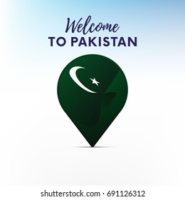 Flag of Pakistan in shape of map pointer or marker. Welcome to Pakistan. Vector illustration.