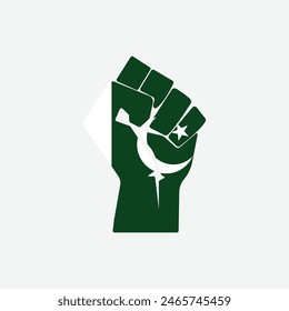 Flag of Pakistan in the shape of raised hand sign isolated on background. Fist symbol modern, simple, vector, icon for website design, mobile app, ui. Vector Illustration