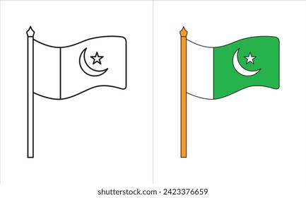 Flag of Pakistan. Sketch. Vector illustration. Coloring book for children. The fabric canvas is decorated with a stripe, a crescent and a star. The national symbol of the state develops in the wind.
c