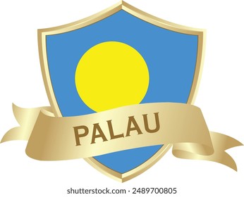 Flag of palau as around the metal gold shield with palau flag