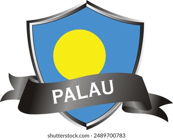 Flag of palau as around the metal silver shield with palau flag