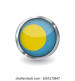 Flag of palau, button with metal frame and shadow. palau flag vector icon, badge with glossy effect and metallic border. Realistic vector illustration on white background.