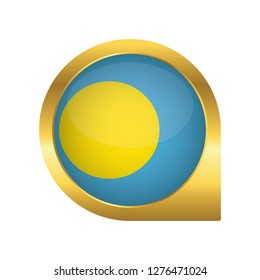 Flag of Palau, location map pin, pointer flag, button with the reflection of light and shadow, gold frame, Icon country. Realistic vector illustration on white background.