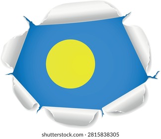 Flag of Palau. Flag Revealed Through Torn Paper Hole with Realistic Curled Edges over a transparent background. The ripped edges curl outward with realistic shadows and depth, creating a striking reveal effect