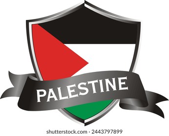 Flag of Palestine as around the metal silver shield with Palestine flag