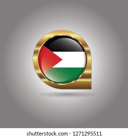 Flag of Palestine, button with the reflection of light and shadow, gold frame, Icon country. Realistic vector illustration on gray background.