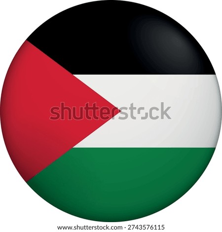 Flag of Palestine. Glossy circular flag. Button appearance. 3D Icon Design with depth. Professional, tactile look. Perfect for representing national identity in digital interfaces and perfect for websites
