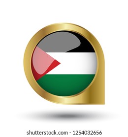 Flag of Palestine, location map pin, pointer flag, button with the reflection of light and shadow, gold frame, Icon country. Realistic vector illustration on white background.