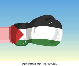 Flag of Palestine on boxing glove. Confrontation between countries with competitive power. Offensive attitude. Separation of power. Template ready design.